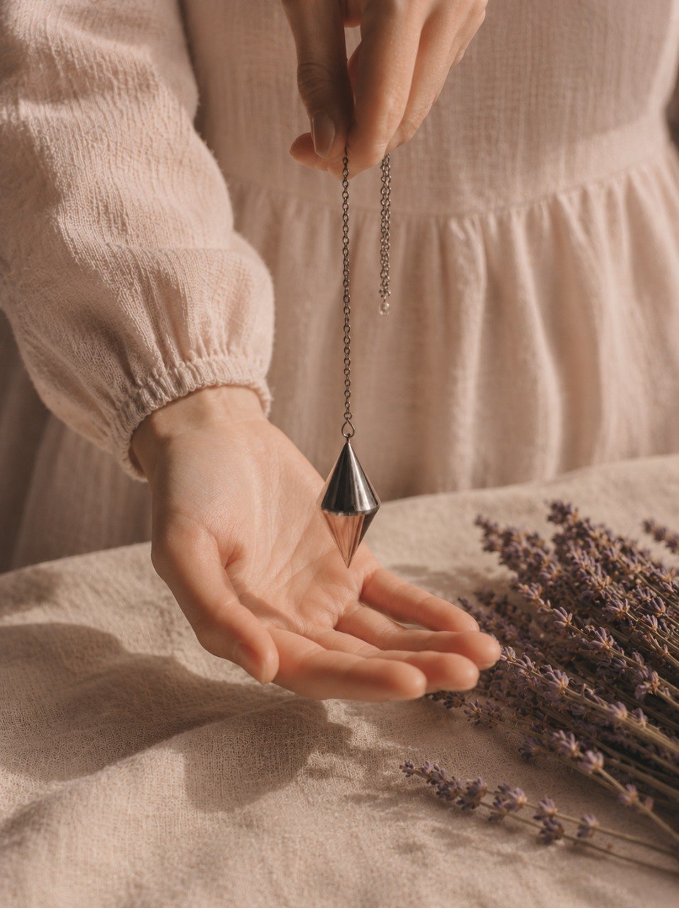 Pendolo radiestesico sospeso sopra una mano, accanto alla lavanda